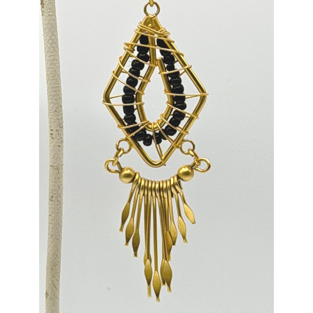 Art Deco / Dreamcatcher Design Drop Wire Sculpture Earrings‎ Gold and Black - Picture 2 of 5